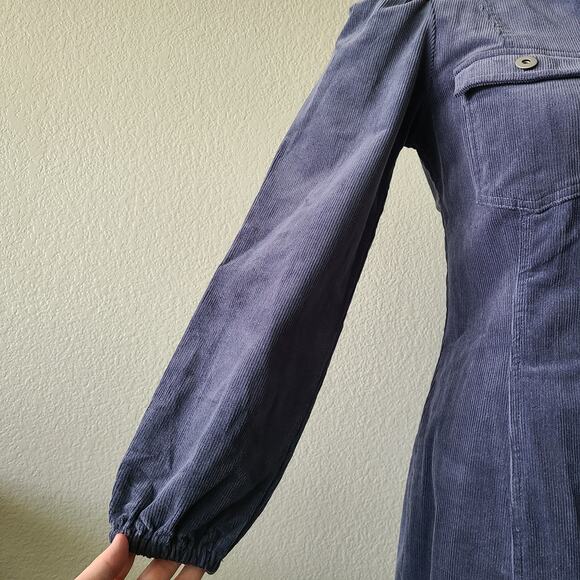 Forever 21 Corduroy Mini Shirt Dress Small Button Up Long‎ Puff Sleeves Preppy - Picture 5 of 12